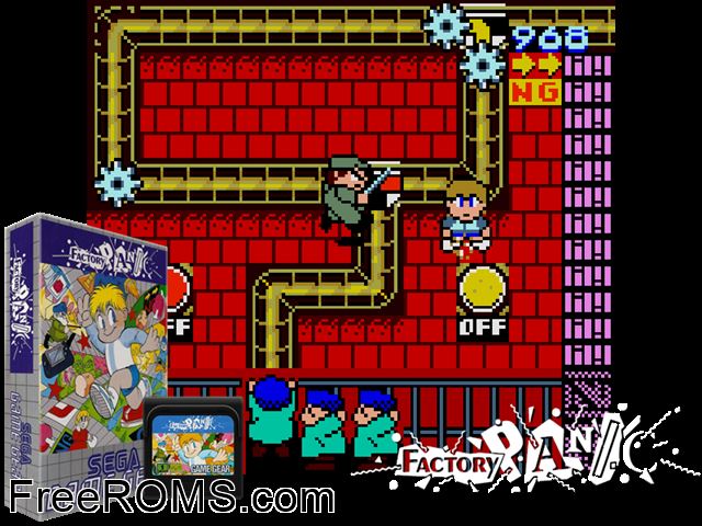 Factory Panic Game Gear game showing 3D box cover and gameplay screenshot